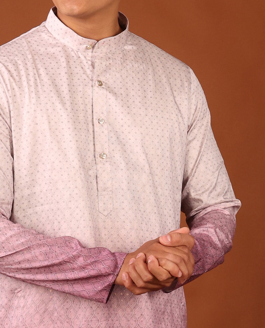 Off-White and Pink Ogee Patterned Ombre-Style Full-Sleeved Men's Kurta