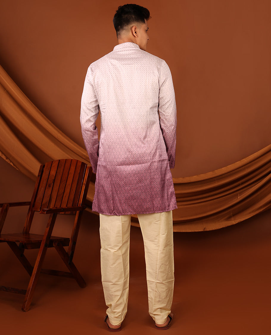 Off-White and Pink Ogee Patterned Ombre-Style Full-Sleeved Men's Kurta