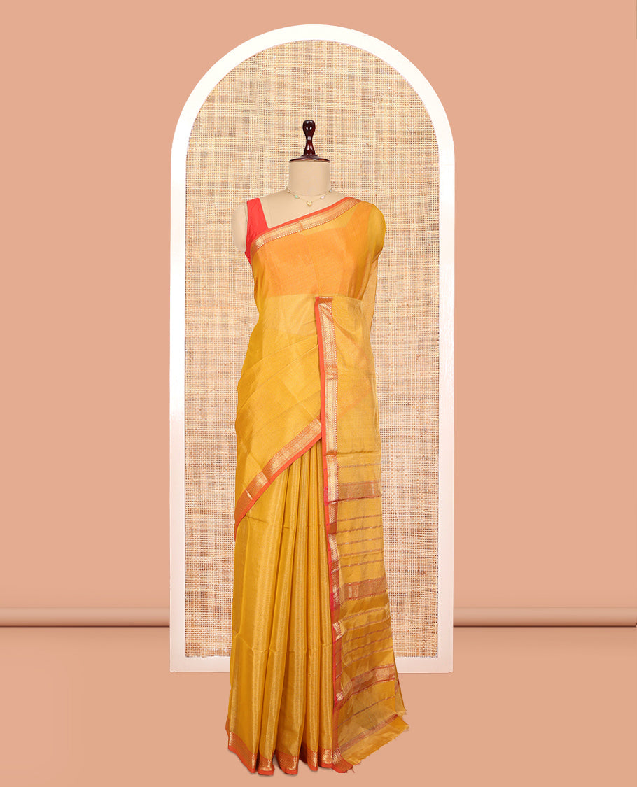 Gold Plain Maheshwari Cotton Saree, a Contrast Traditional Zari Border, Pallu of Zari Stripes, and a Matching Blouse