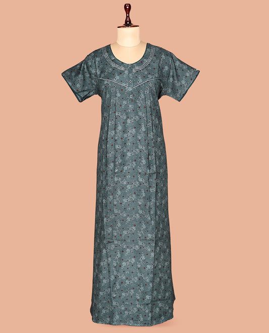 Blue Round Neck Cotton-Blended Nighty