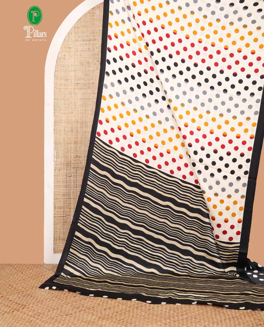 Cream polka dot printed design modal silk saree with contrast piping border & printed pallu along with printed blouse