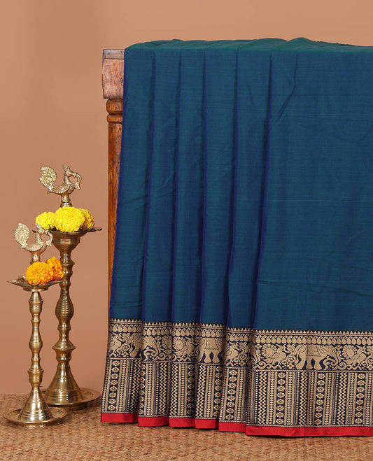Blue plain masraise cotton saree, contrast border of elephant, peacock & geometric design & lining seer pallu