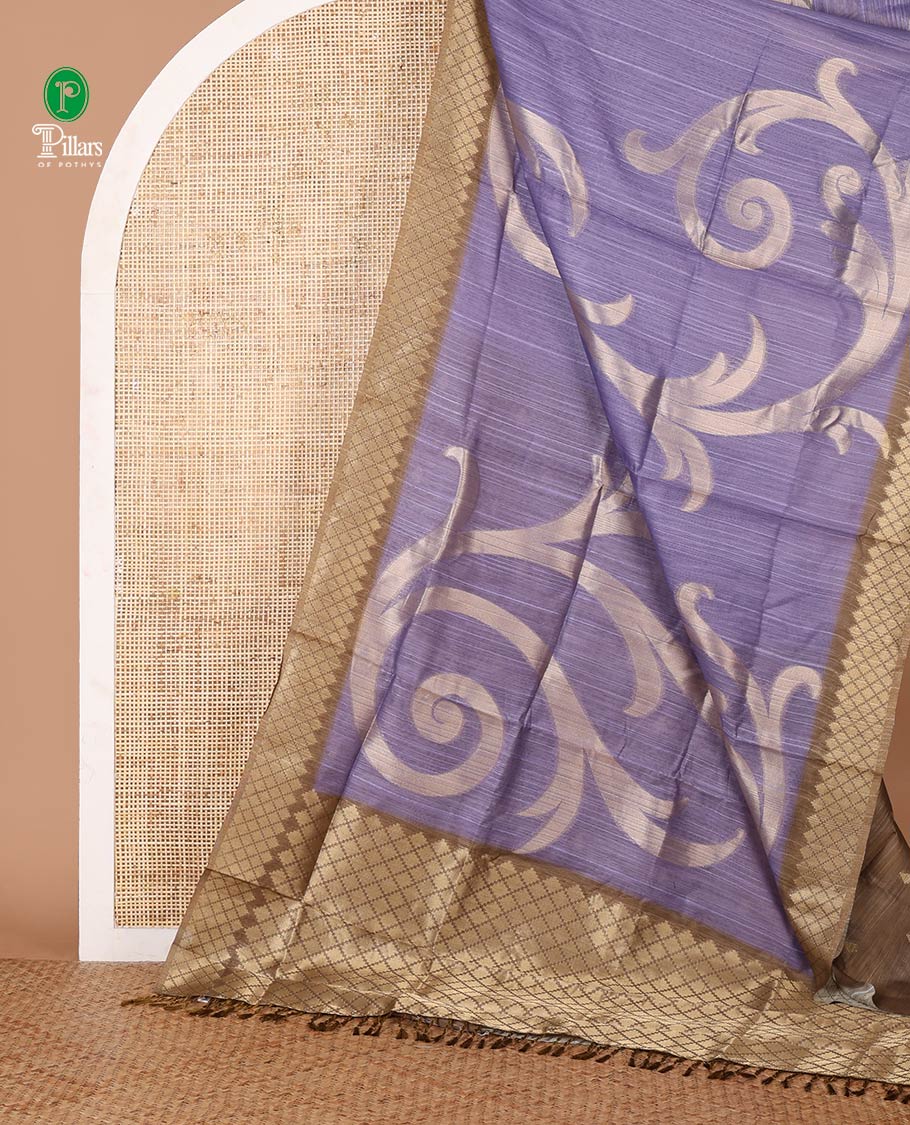 Violet zari jaal-patterned Burberry silk saree, contrast diamond-patterned zari border, jaal pallu & zari design blouse
