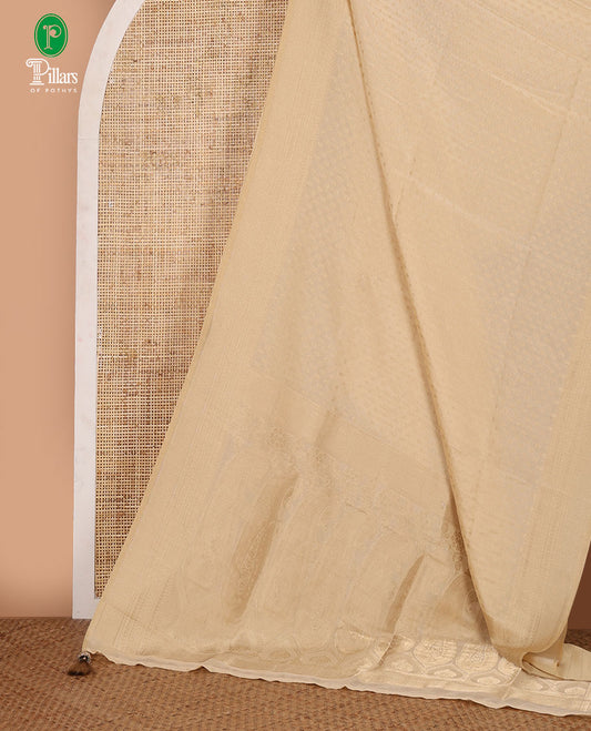 Cream zari buttas viscose georgette saree, gold zari border of temple & floral creeper, big mango weave pallu & zari design blouse