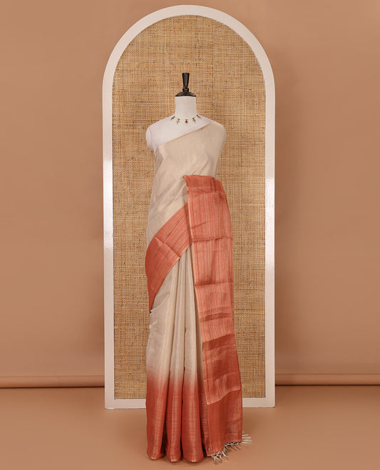 Borderless sandal-rust plain ombre-colored tissue saree, plain pallu & circle motifs printed blouse