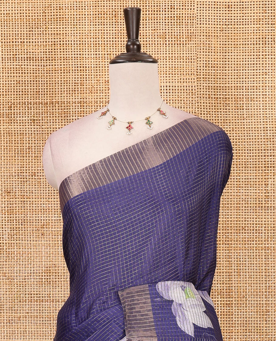 Navy blue zari checked & Pichwai Lotus digital printed semi-tussar saree, gold zari bavanji border & matching zari checked blouse