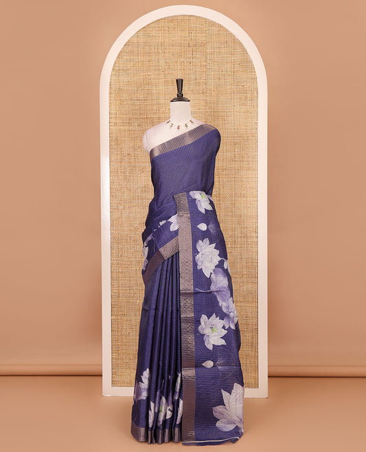 Navy blue zari checked & Pichwai Lotus digital printed semi-tussar saree, gold zari bavanji border & matching zari checked blouse