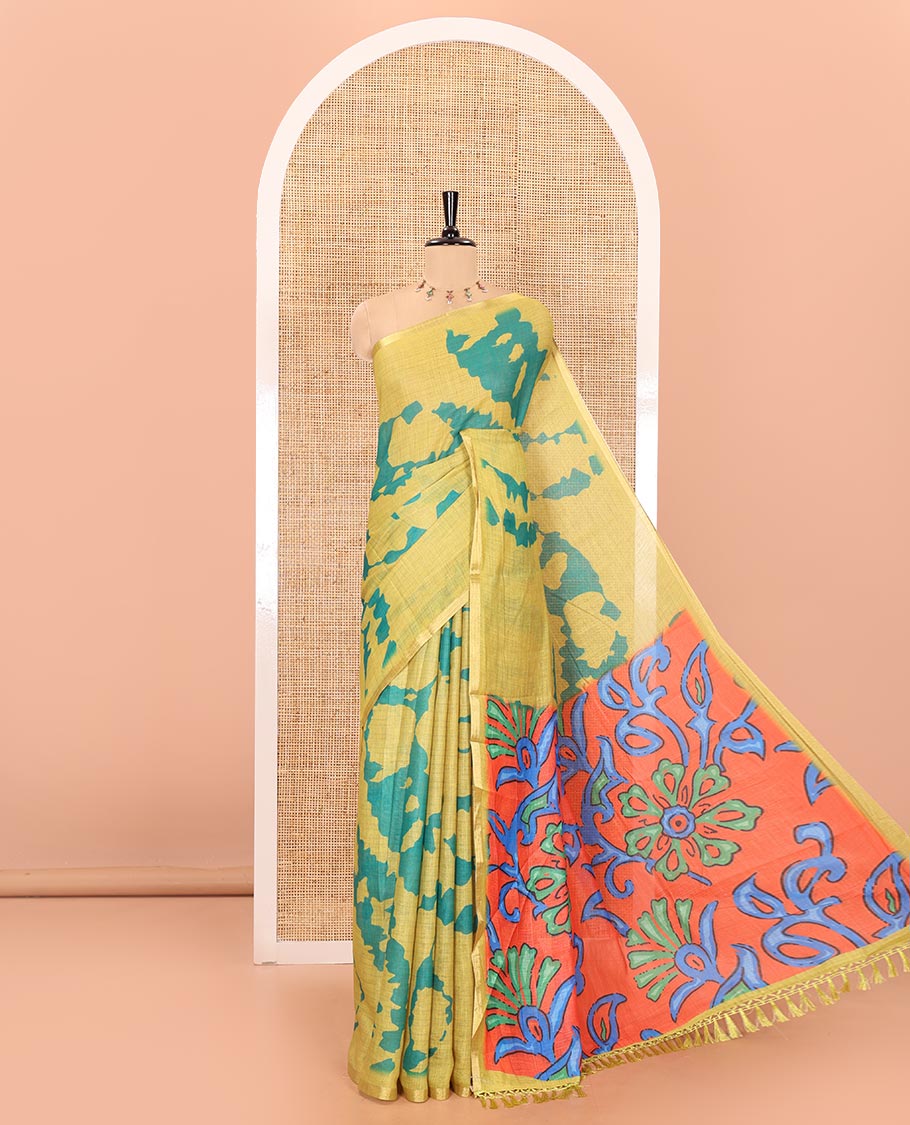 Parrot green shibori printed linen cotton saree, piping border, contrast floral printed pallu, and a contrast floral printed blouse