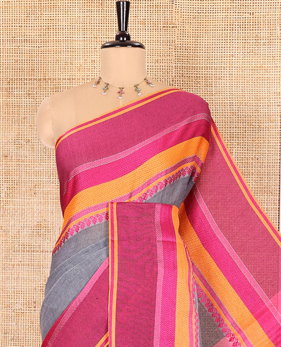 Grey-Pink Plain Khadi Mul Cotton Saree, Complemented by a Contrast Thread-Woven Border of Geometric Patterns, Contrast Plain Pallu, and Paired with a Matching Blouse