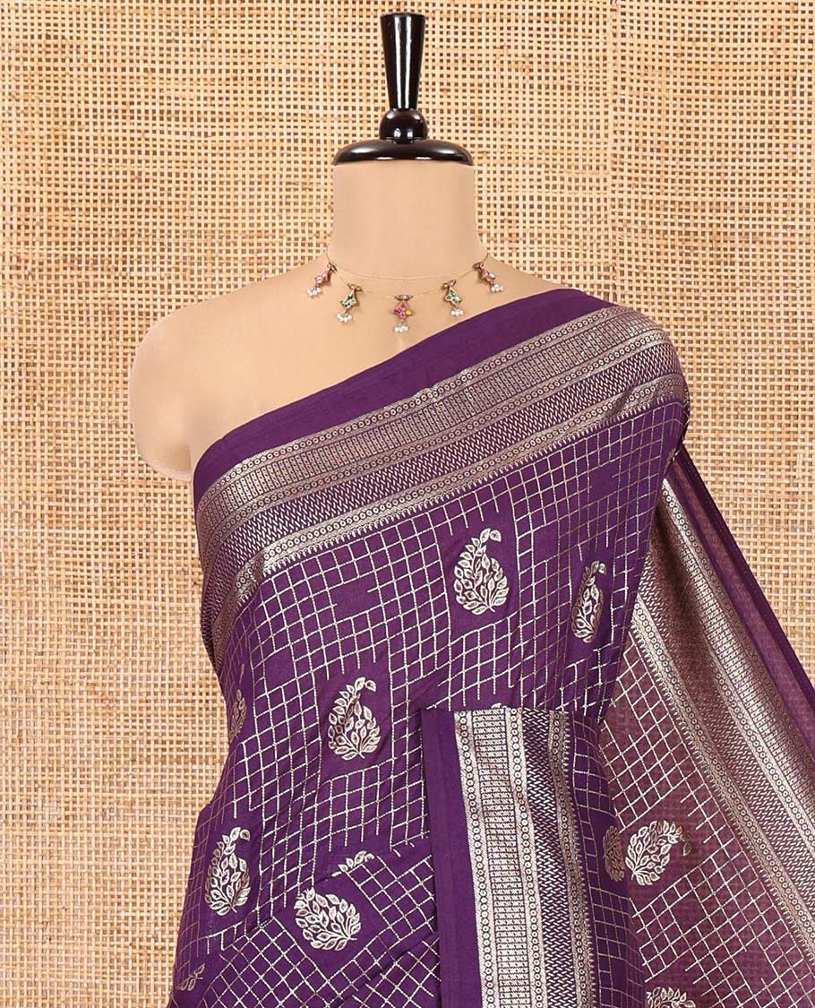 Violet Vichitra Silk Saree Features Checks and Paisley Buttas, Highlighted by a Traditional Zari Border and Contrast Embroidered Blouse