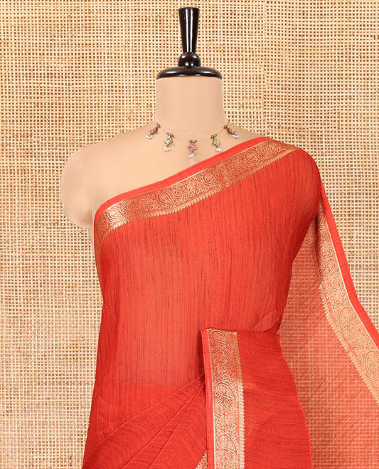 Red Plain Moss Chiffon Saree, Highlighted by a Zari Border of Paisley Designs, a Self-Pallu, and Has No Blouse