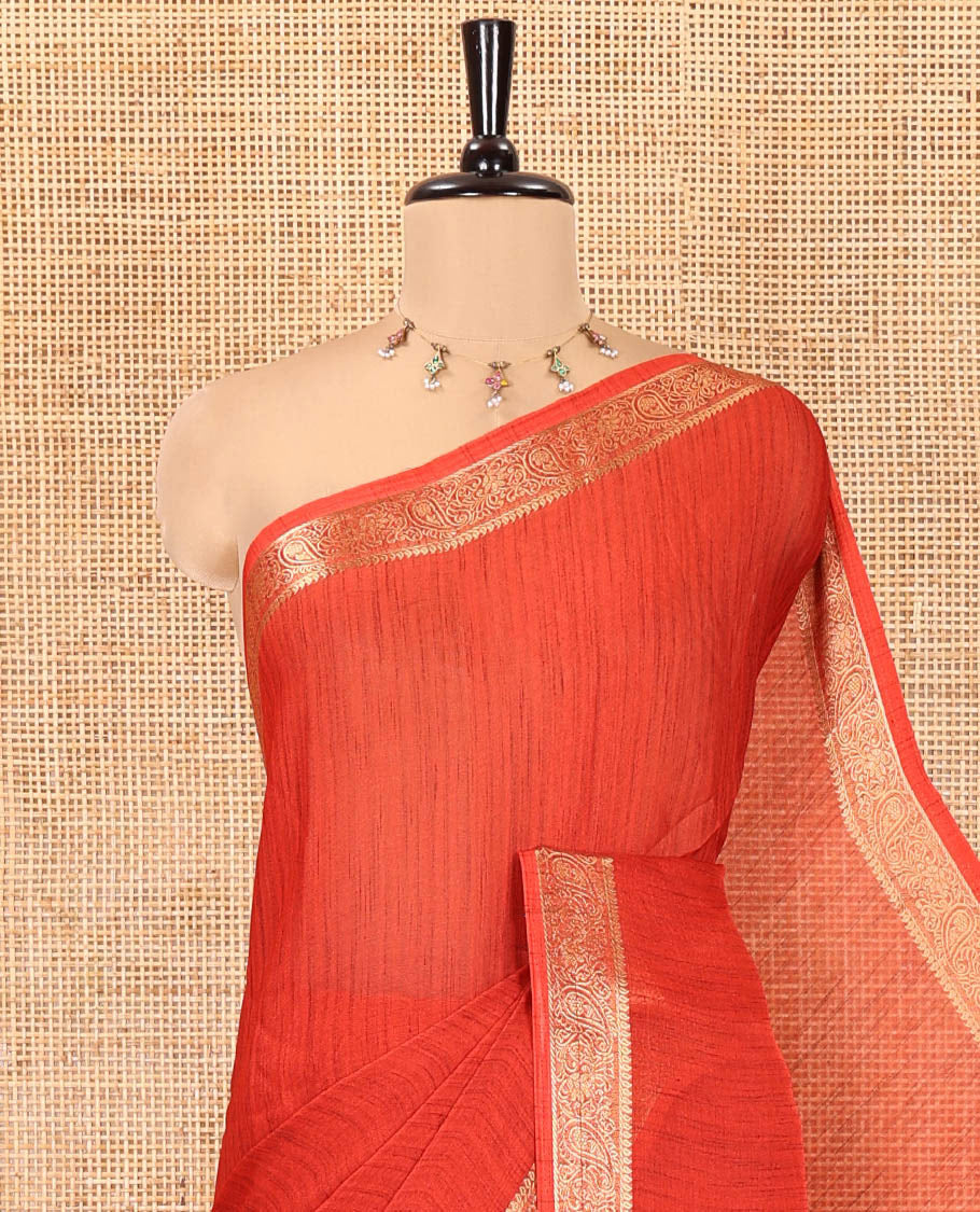 Red Plain Moss Chiffon Saree, Highlighted by a Zari Border of Paisley Designs, a Self-Pallu, and Has No Blouse