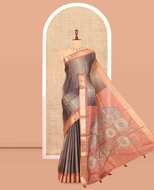 Dark Grey Striped Art Tussar Saree, a Contrast Zari Border, Floral Printed Pallu, and a Contrast Blouse