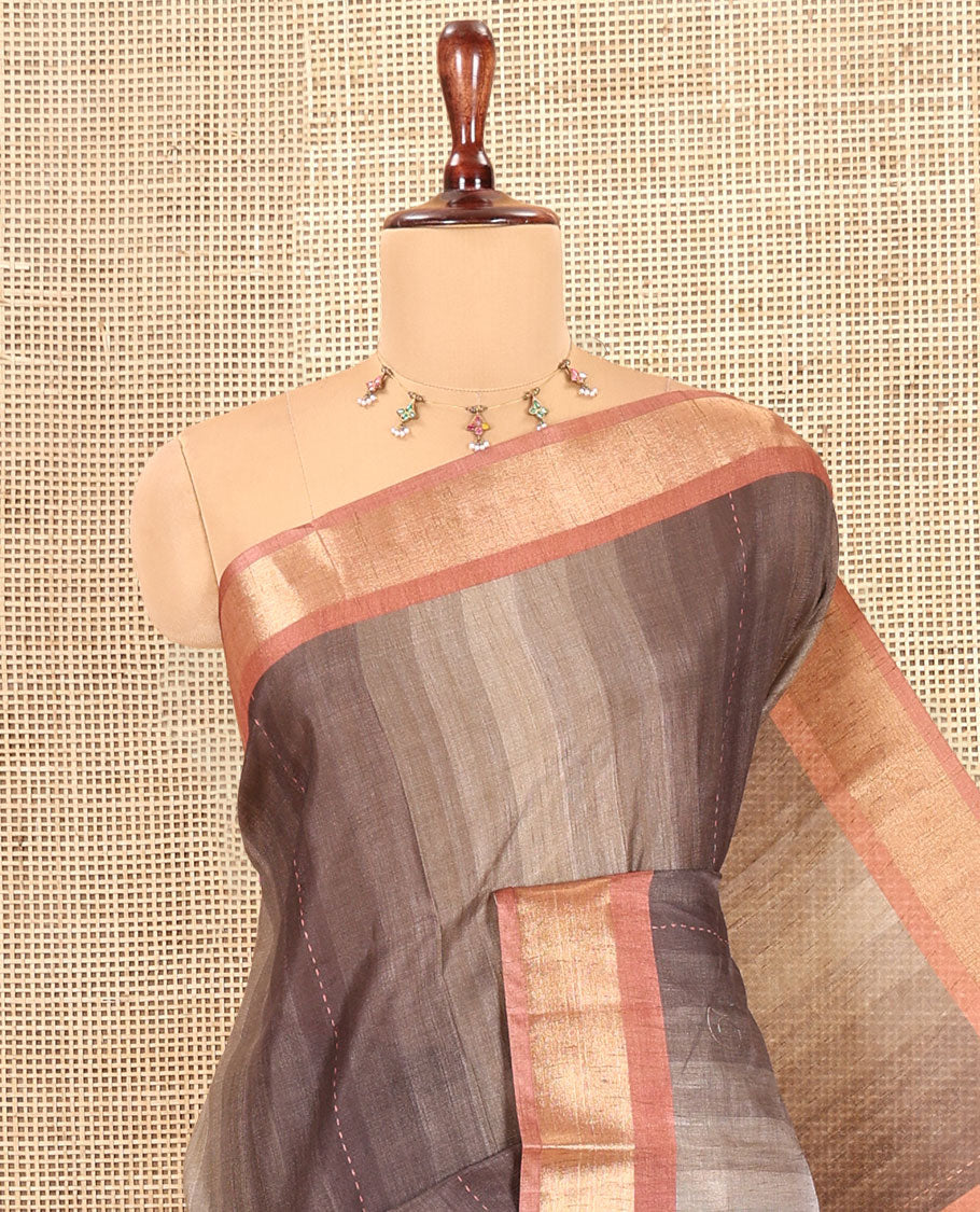 Dark Grey Striped Art Tussar Saree, a Contrast Zari Border, Floral Printed Pallu, and a Contrast Blouse