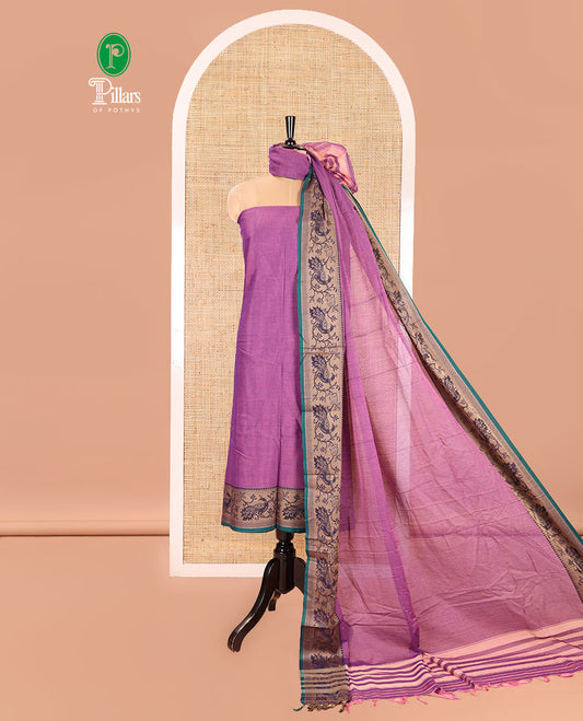 Purple Mercerised Cotton Material Churidar Set, Subtly Made Plain with Contrast Floral-Peacock Bordered Top, a Mercerised Cotton Bottom, and Paired with a Mercerised Cotton Peacock-Bordered Dupatta