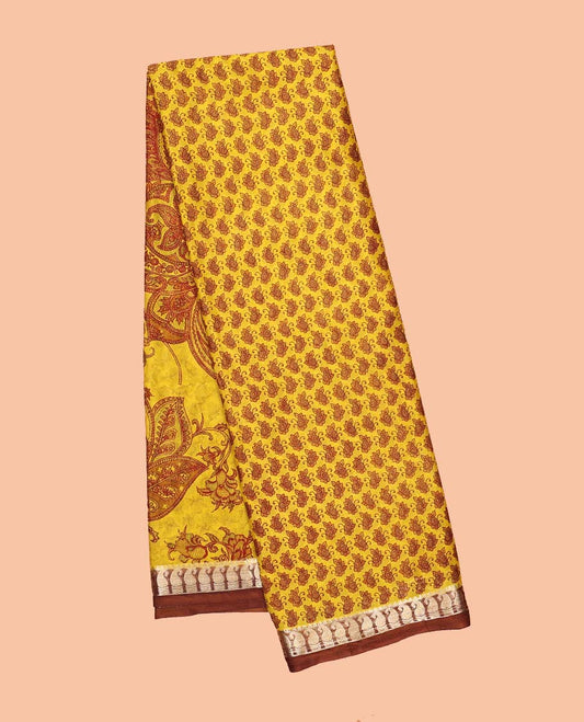 Yellow micro-motifs printed semi-banaras printed saree, contrast paisley border & intricate pallu 