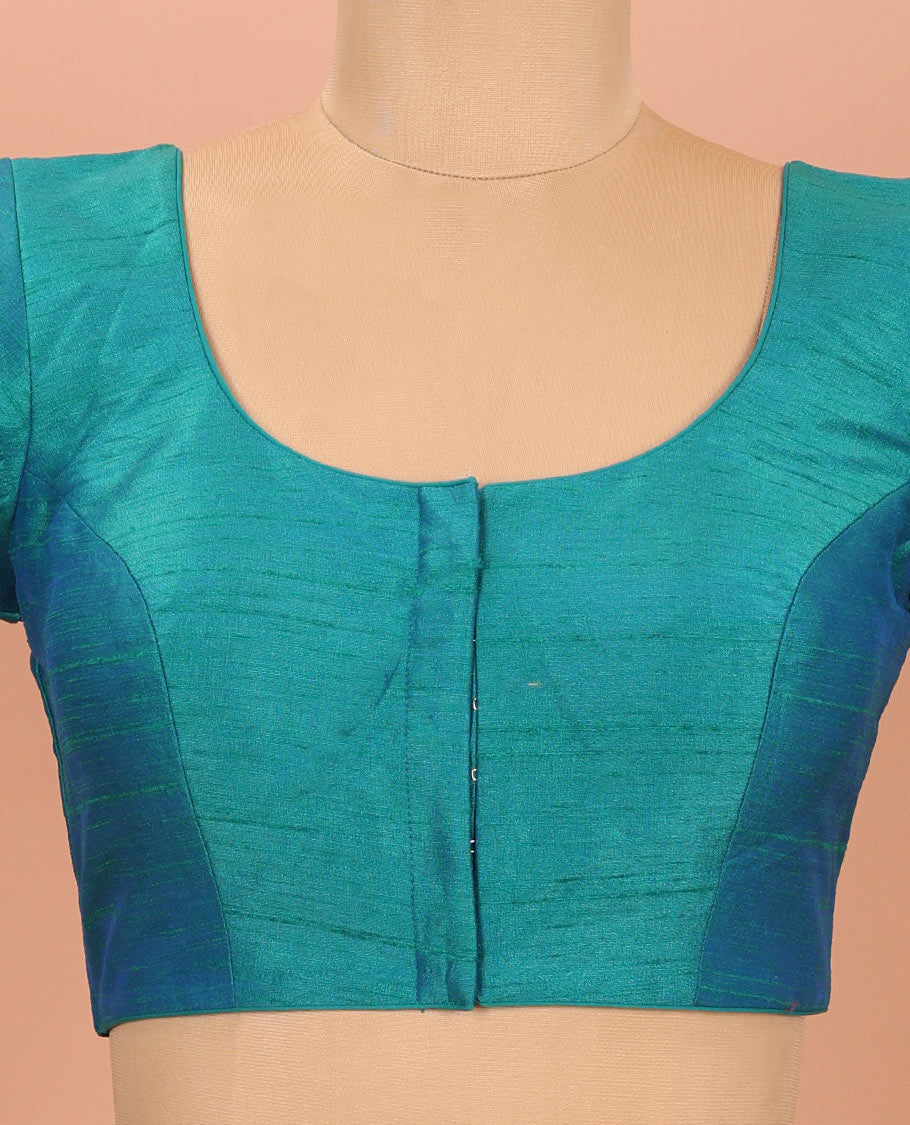 Peacock Blue Plain Readymade Blouse Featuring a Front Round-Neck, Back Round-Neck, and Elbow Sleeves