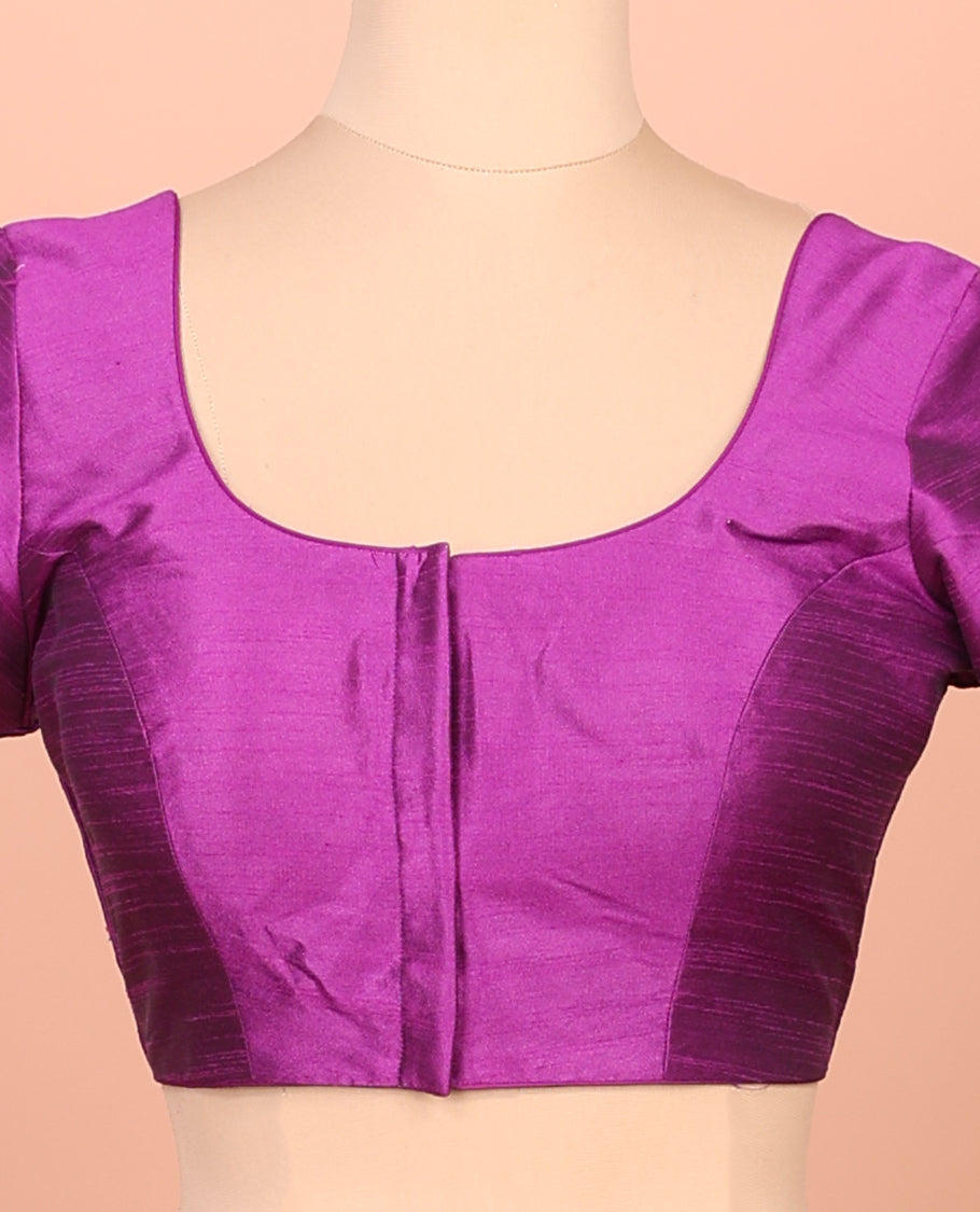Purple Plain Readymade Blouse Featuring a Front Round-Neck, Back Round-Neck, and Half-Sleeves