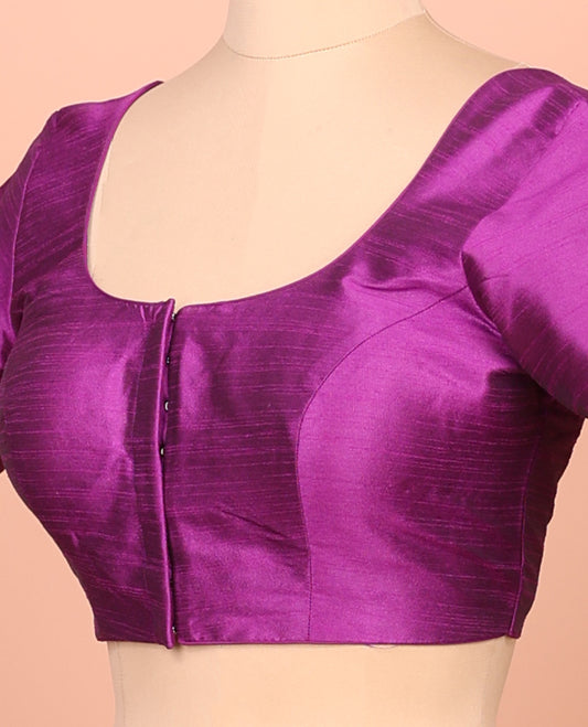 Purple Plain Readymade Blouse Featuring a Front Round-Neck, Back Round-Neck, and Half-Sleeves