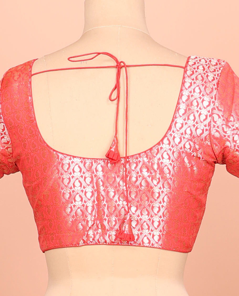 Red paisleys-theme jacquard front-back round neck elbow-sleeve readymade blouse