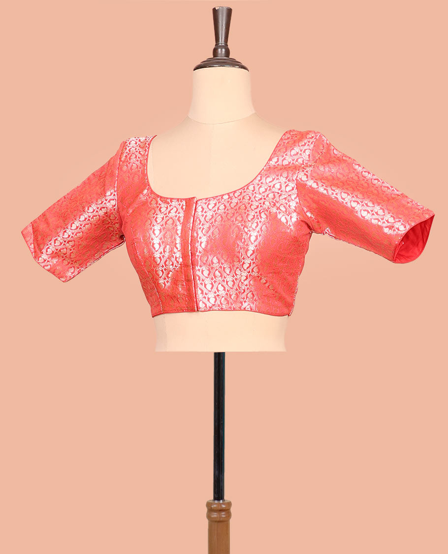 Red paisleys-theme jacquard front-back round neck elbow-sleeve readymade blouse