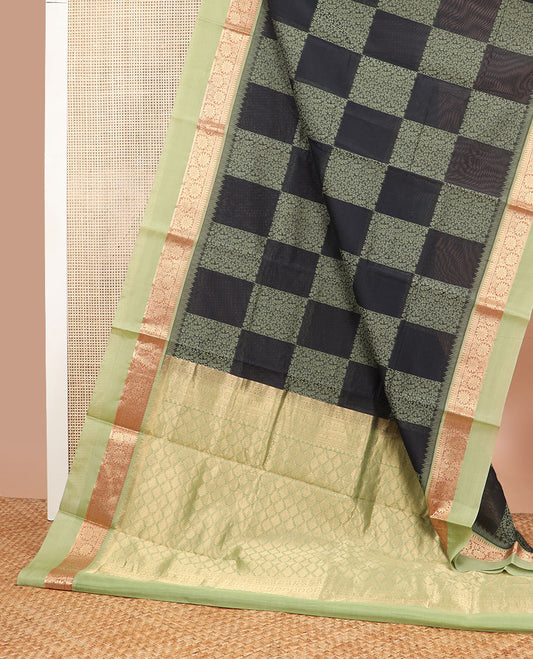 Dark blue checked design silk cotton saree with contrast floral design border & argyle design pallu