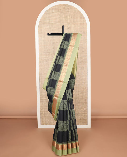 Dark blue checked design silk cotton saree with contrast floral design border & argyle design pallu