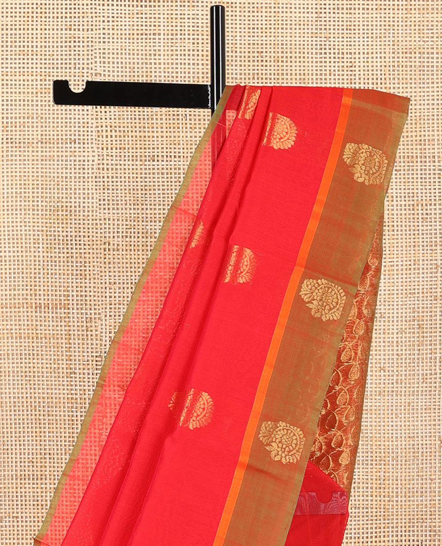 Red floral design silk cotton saree with contrast zari design border & jaal design pallu