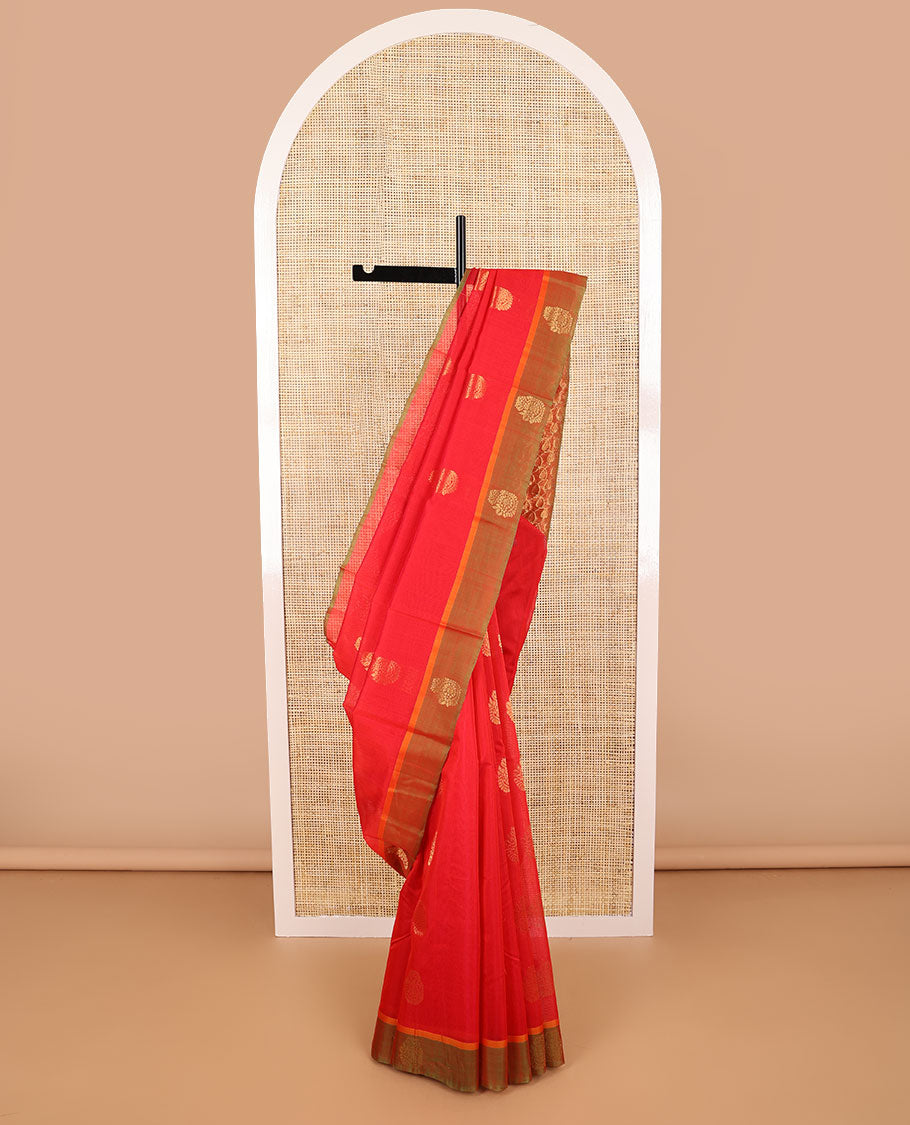 Red floral design silk cotton saree with contrast zari design border & jaal design pallu