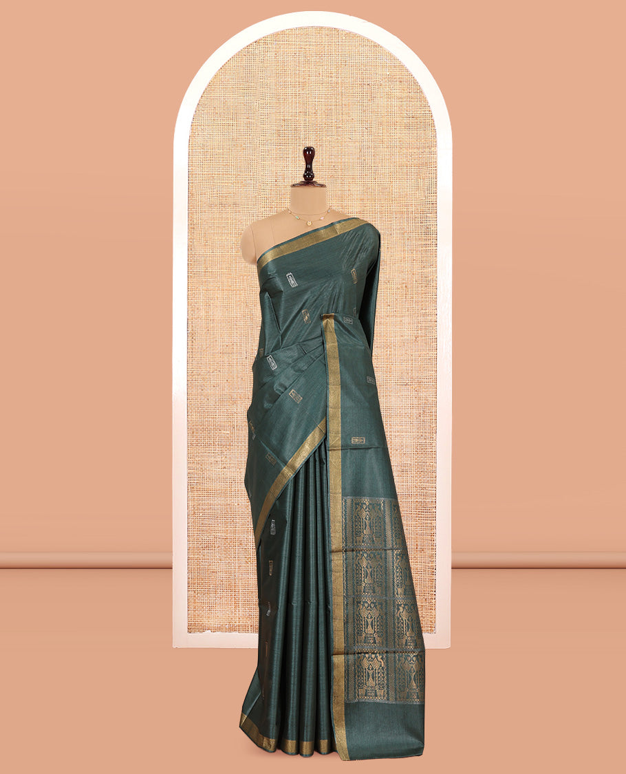 Green Tussar Saree, Mesmerized with Buttas, a Subtle Zari Border, Pallu of Intricate Designs, and a Matching Blouse