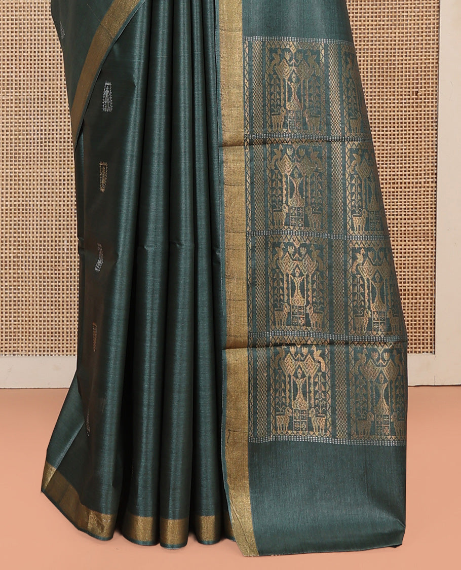 Green Tussar Saree, Mesmerized with Buttas, a Subtle Zari Border, Pallu of Intricate Designs, and a Matching Blouse