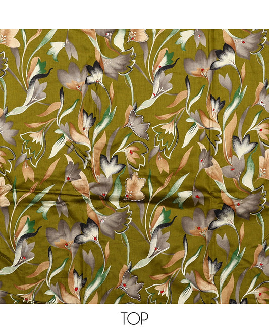 Green material chudidar set, abstract floral print with French knot work top, plain bottom, and dupatta of checks and floral print