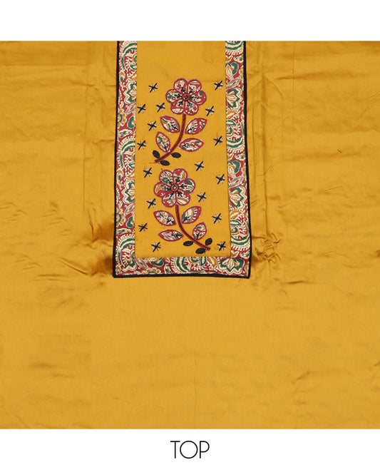 Yellow material chudidar set,  neck embroidered top, contrast bottom and dupatta of kalamkari style floral-paisley vine