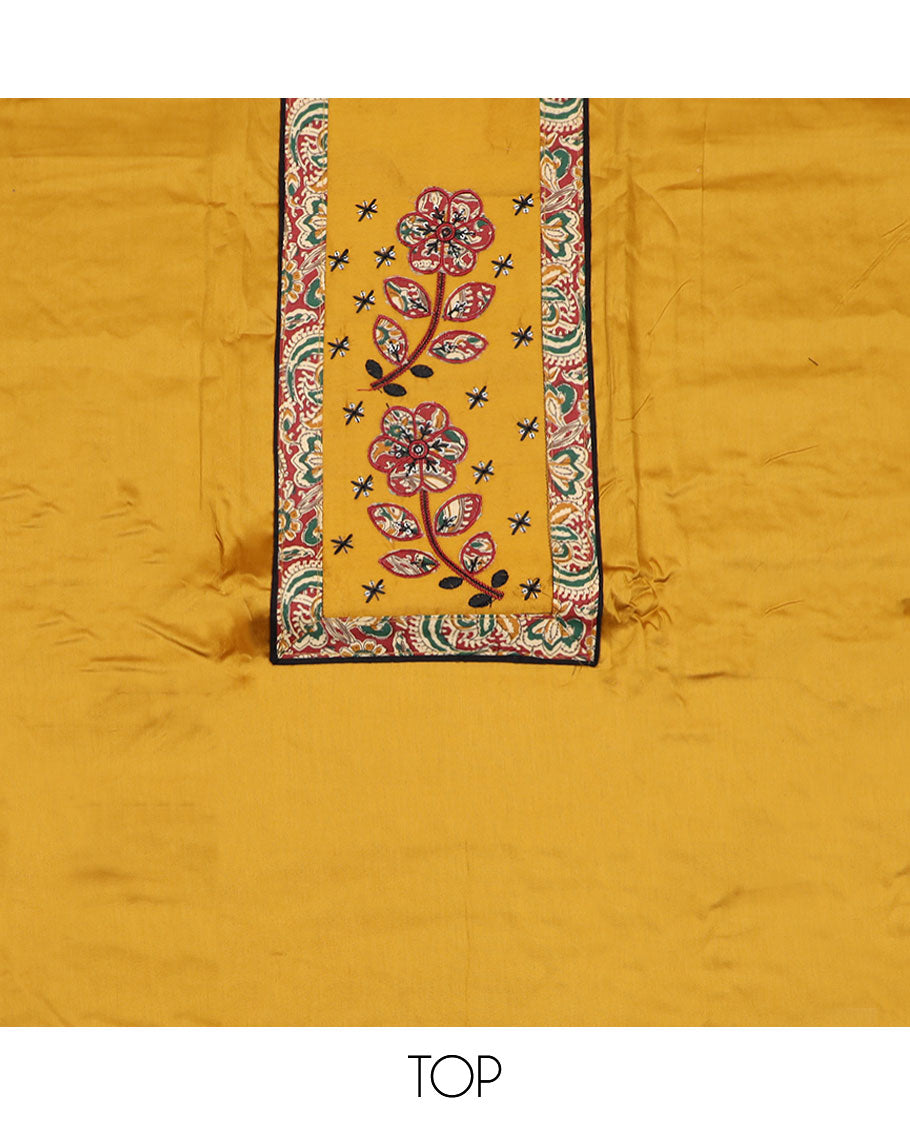 Yellow material chudidar set,  neck embroidered top, contrast bottom and dupatta of kalamkari style floral-paisley vine