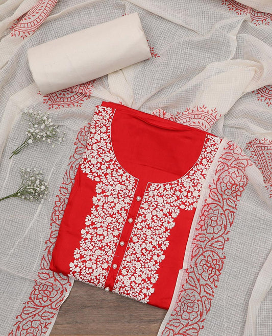 Red material chudidar set, white floral vine neck embroidered top, contrast plain bottom and chex dupatta of unique motifs printed