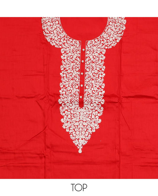 Red material chudidar set, white floral vine neck embroidered top, contrast plain bottom and chex dupatta of unique motifs printed