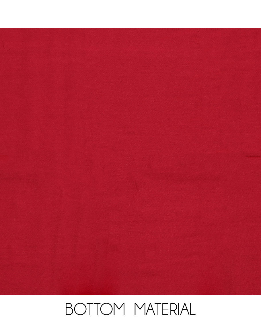 Red material chudidar set, floral print with neck embroidered top, plain bottom and printed duppata of flower buttas