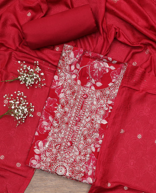 Red material chudidar set, floral print with neck embroidered top, plain bottom and printed duppata of flower buttas