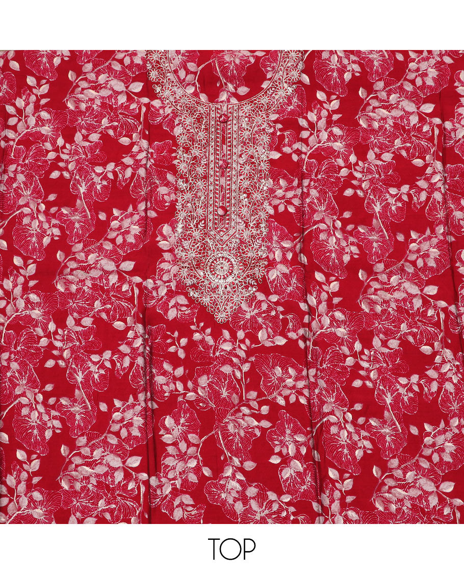 Red material chudidar set, floral print with neck embroidered top, plain bottom and printed duppata of flower buttas