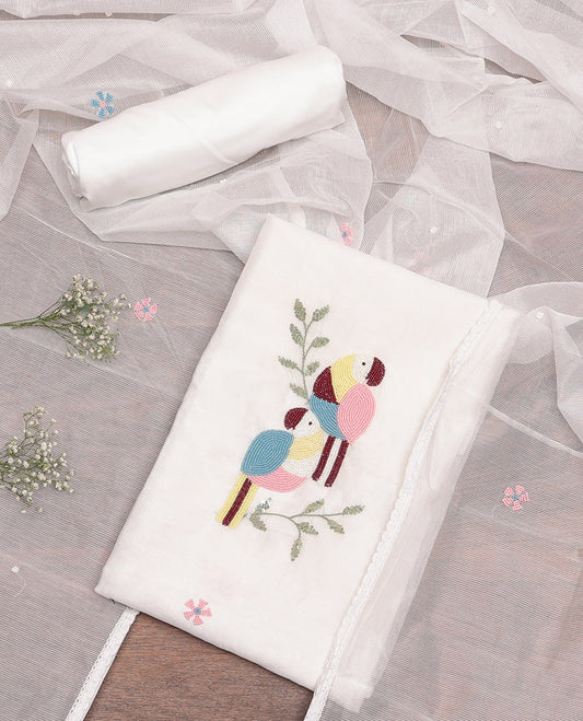 White Cotton Material Churidar Set, Decorated with Macaw Bird Sugar Bead-Embroidered Top, Matching Bottom, and Sugar Bead-Embroidered Kota Dupatta