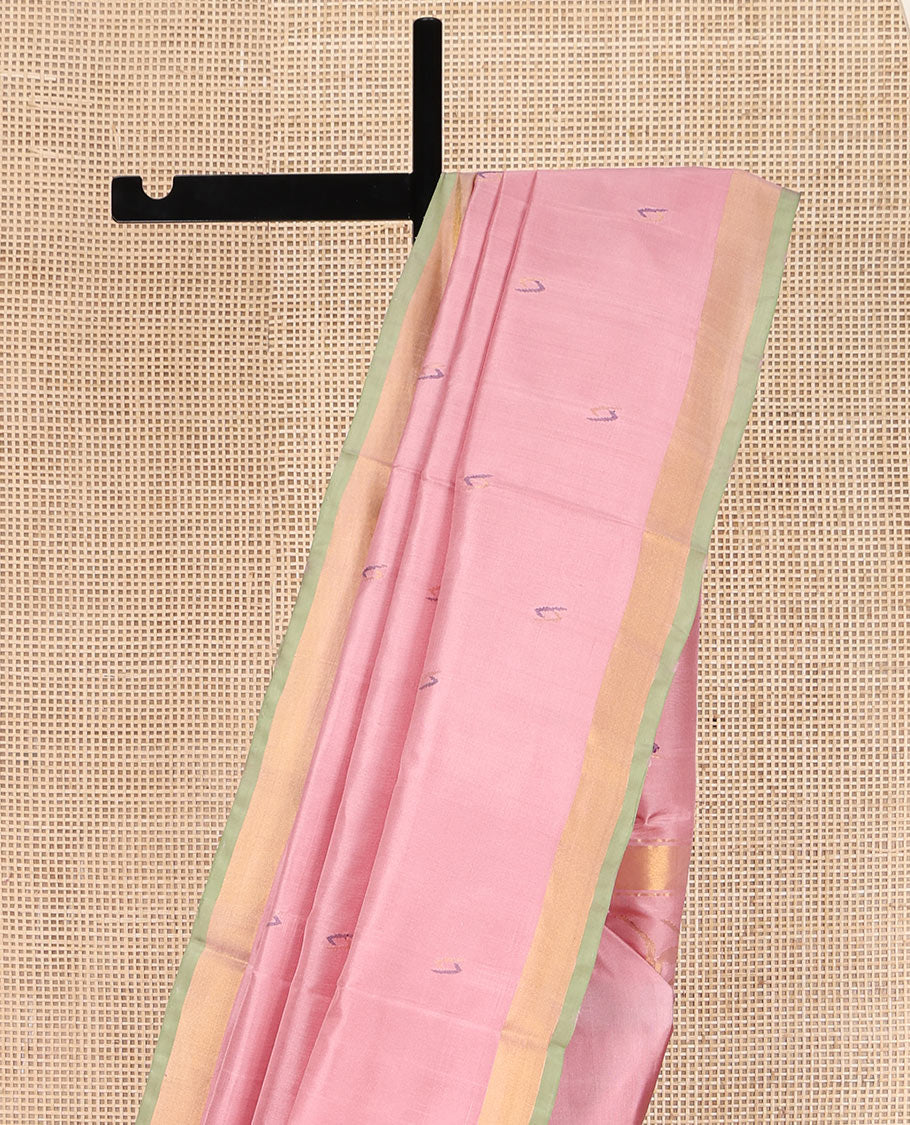 Pink Uppada Silk Saree, Adorned with Buttas All Over Its Body, Complemented by a Contrast Bavanji Border, Pallu of Unique Designs, and Paired with a Matching Blouse