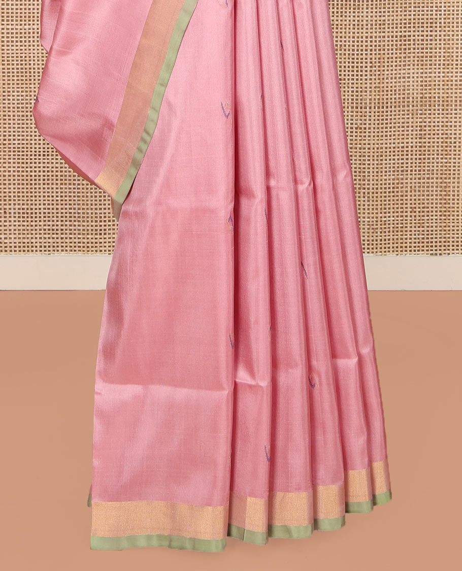 Pink Uppada Silk Saree, Adorned with Buttas All Over Its Body, Complemented by a Contrast Bavanji Border, Pallu of Unique Designs, and Paired with a Matching Blouse