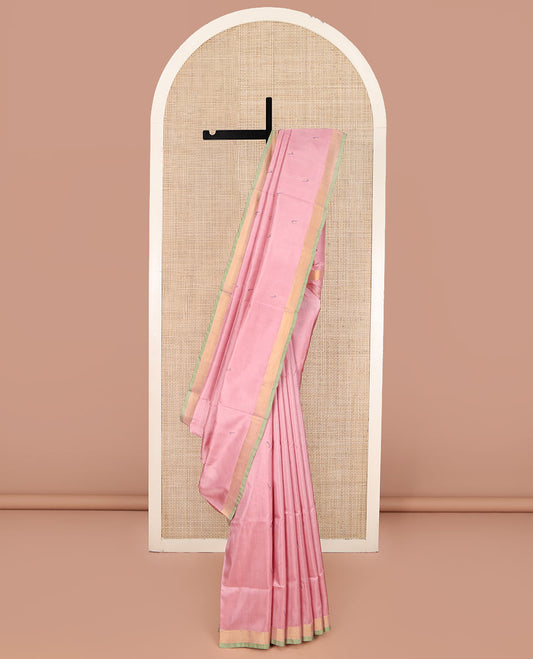 Pink Uppada Silk Saree, Adorned with Buttas All Over Its Body, Complemented by a Contrast Bavanji Border, Pallu of Unique Designs, and Paired with a Matching Blouse