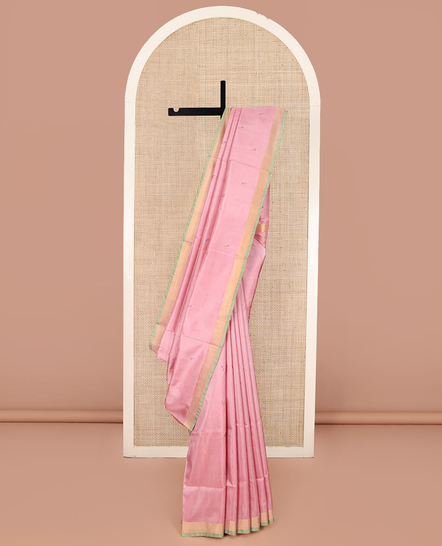 Pink Uppada Silk Saree, Adorned with Buttas All Over Its Body, Complemented by a Contrast Bavanji Border, Pallu of Unique Designs, and Paired with a Matching Blouse