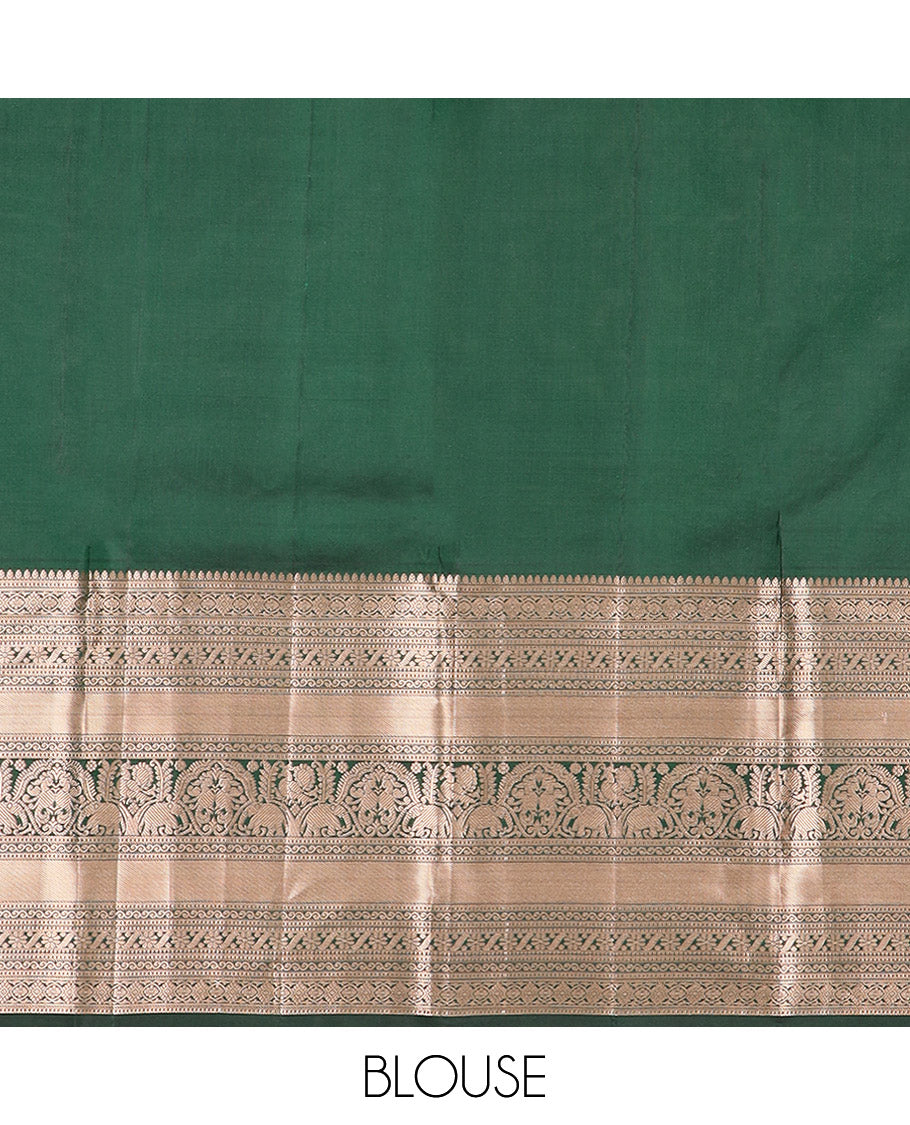 Green Kanchipuram Silk Saree Spotlighted with Jacquard Design, Highlighted by Zari Border of Thilakam, Diamond, Chakram, Cross Kamalam, Mayil, Yaanai, and Zari Designs, Pallu Pictures Big Yaali Designs, and Paired with a Matching Blouse