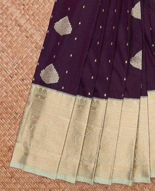 Eggplant purple zari buttas gift saree, contrast traditional zari design border, and jaal pallu