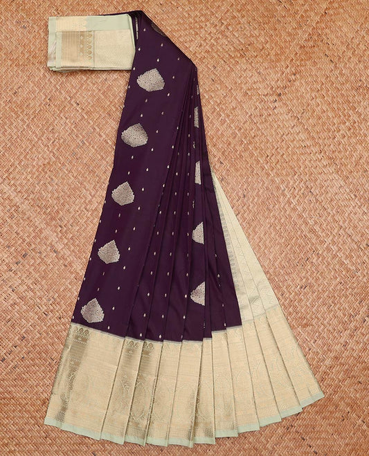 Eggplant purple zari buttas gift saree, contrast traditional zari design border, and jaal pallu