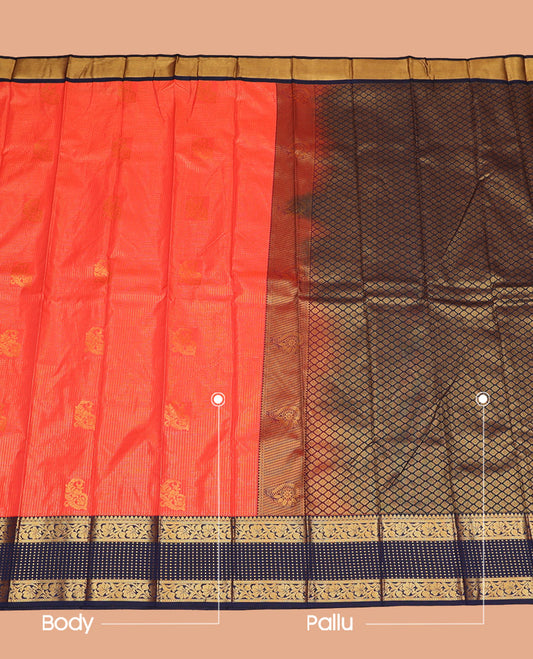 Orange Budget Silk Saree Woven with Zari Buttas and Zari Micro-Checks, Complemented with a Contrast Traditional Zari Design Border, Zari -Rich Jaal Pallu, and Paired with a Contrast Blouse