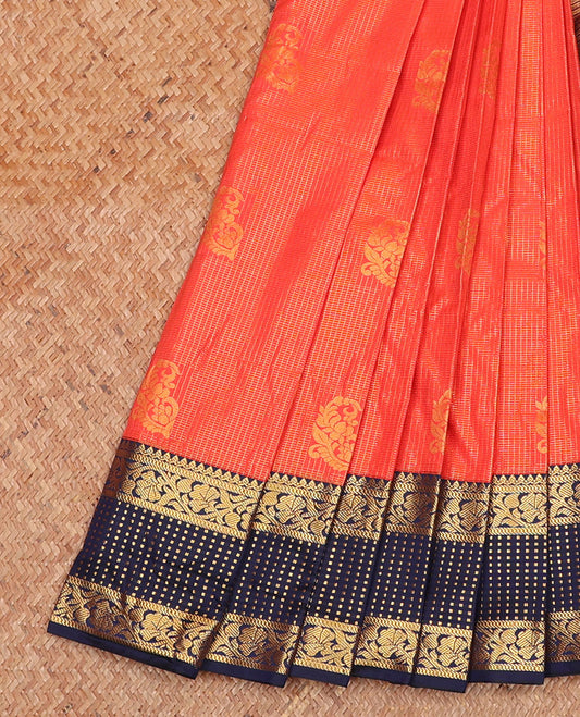 Orange Budget Silk Saree Woven with Zari Buttas and Zari Micro-Checks, Complemented with a Contrast Traditional Zari Design Border, Zari -Rich Jaal Pallu, and Paired with a Contrast Blouse