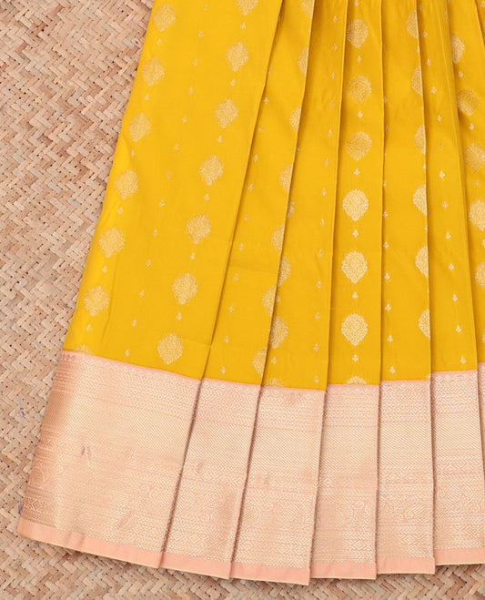 Yellow Budget Silk Saree, Subtly Sparkled with Zari Buttas, a Contrast Traditional Zari Border, Sparsely  Woven Pallu, and a Contrast Blouse